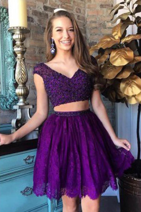Purple Cheap Two Piece V neck Beaded Lace Homecoming Dresses on line, MH399