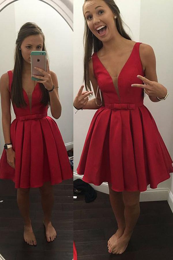 Red A-line Satin V-neck Short Prom Dresses Homecoming Dresses for Teens, MH278