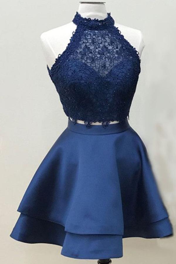 Two Piece Navy Blue Lace Crop Top Homecoming Dresses Short Prom Dress, MH260