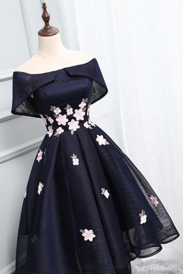 Morden Black Tulle Off Shoulder Homecoming Dress With Lace Up Applique, MH256