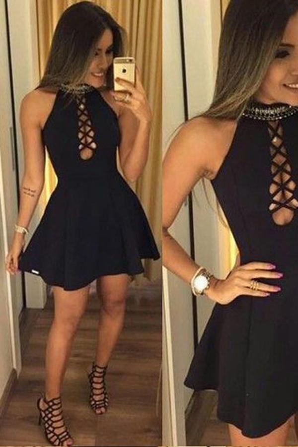 Black A-line Halter Homecoming Dress, Simple Party Dress, Short Prom Dress,  MH121
