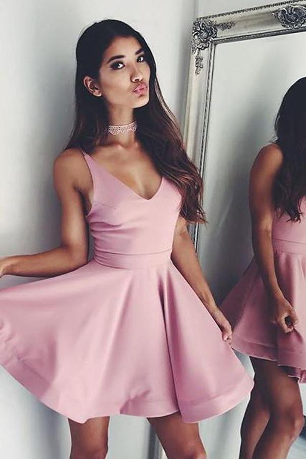 Simple Dusty Rose V Neck A-line Cute Homecoming Dresses Short Prom Dress, MH344