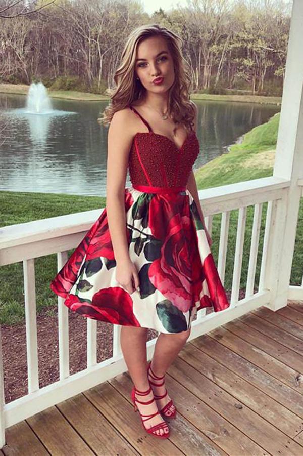 Burgundy Maroon Beaded Floral Short Prom Dress Homecoming Dresses, MH156