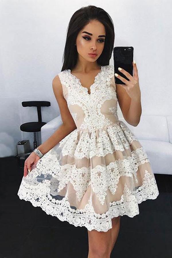 White A-line Lace Cute Homecoming Dresses, Short Prom Dresses for Teens, MH393
