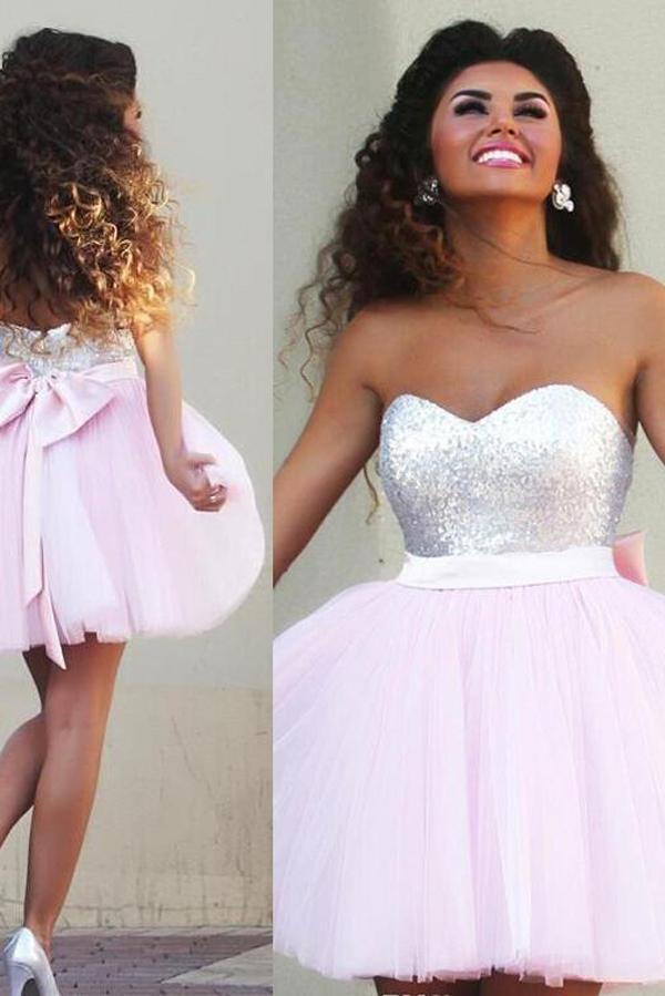 Pink Sparkly Tulle A-line Sweetheart Beaded Graduation Dresses Homecoming Dresses, MH354