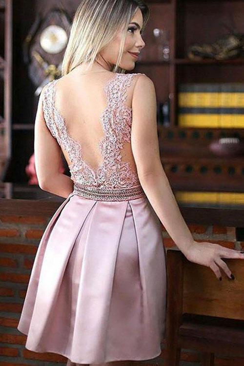 Pink Satin Beaded A-Line Jewel Homecoming Dresses with Appliques, MH282|musebridals.com