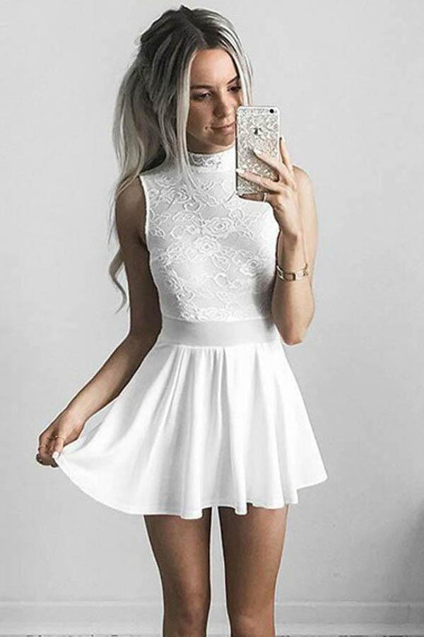 White Halter Chiffon A-Line Lace Homecoming Dresses Short Prom Dresses, MH424