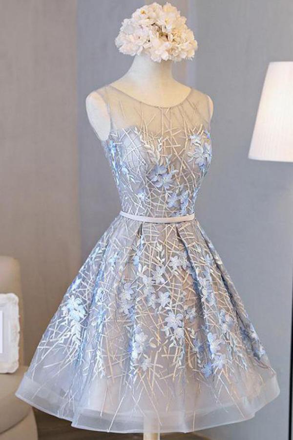 Silver Tulle Lace Embroidered Homecoming Dresses with Appliques, MH339