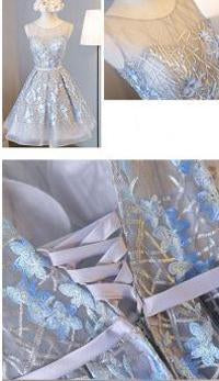 Silver Lace Homecoming Dresses Embroidered Short Prom Dress with Applique|www.musebridals.com