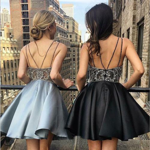 musebridals.com|Silver A Line V Neck Spaghetti Straps Short Prom Dress Homecoming Dresses, MH420