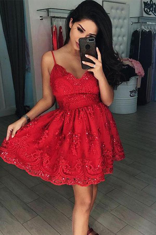Red A-line Beaded Lace V Neck Homecoming Dress Short Prom Dresses, MH307