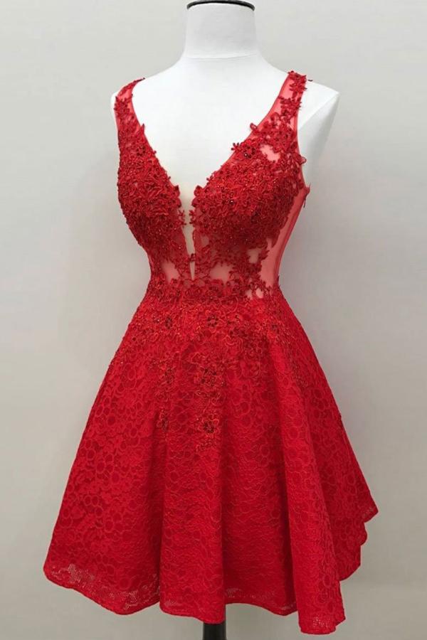 Red Beaded Lace A Line Skater V Neck Homecoming Dress, Homecoming Dresses, MH300