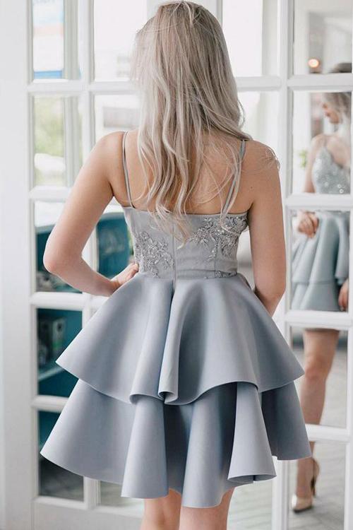 Silver Mini Grey Appliqued Spaghetti Strap Lace Vintage Homecoming Dress, MH337|musebridals.com
