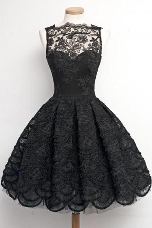 Black Lace A-Line Scalloped-Edge Vintage Homecoming Dress, Short Prom Dress, MH108