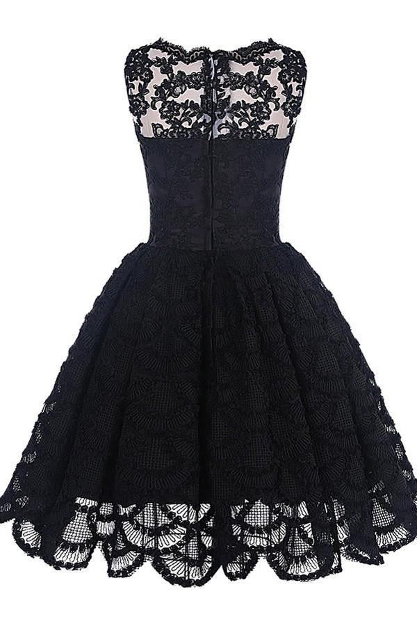 Black Lace A-Line Scalloped-Edge Vintage Homecoming Dress, Short Prom Dress, MH108|musebridals.com