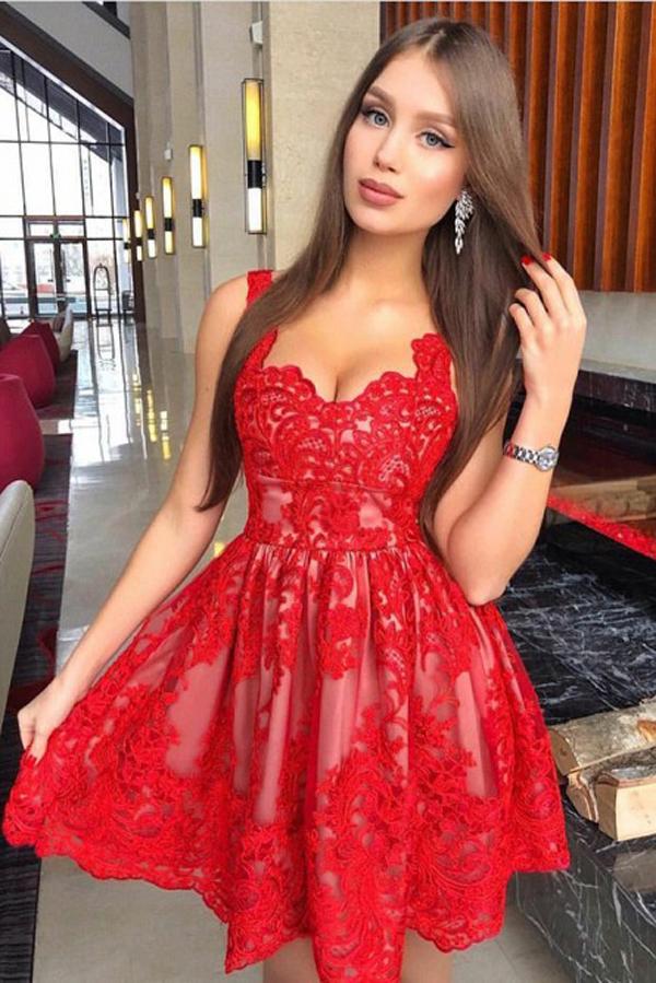 Cute Red A-Line Straps Homecoming Dress with Appliques, Party Dresses, MH189
