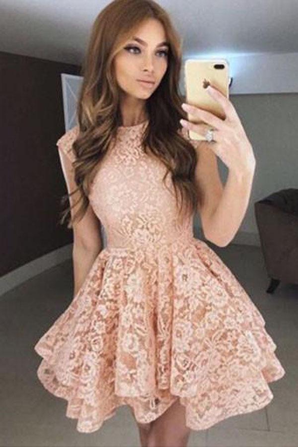 Round Neck Lace A-Line Princess Homecoming Dresses, Short Prom Dress, MH309