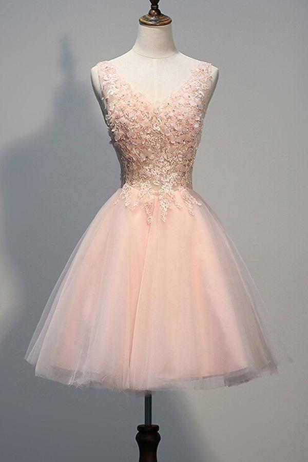 Blush Pink Backless V-neck Lace Beaded Homecoming Dresses, Short Prom Dress, MH140