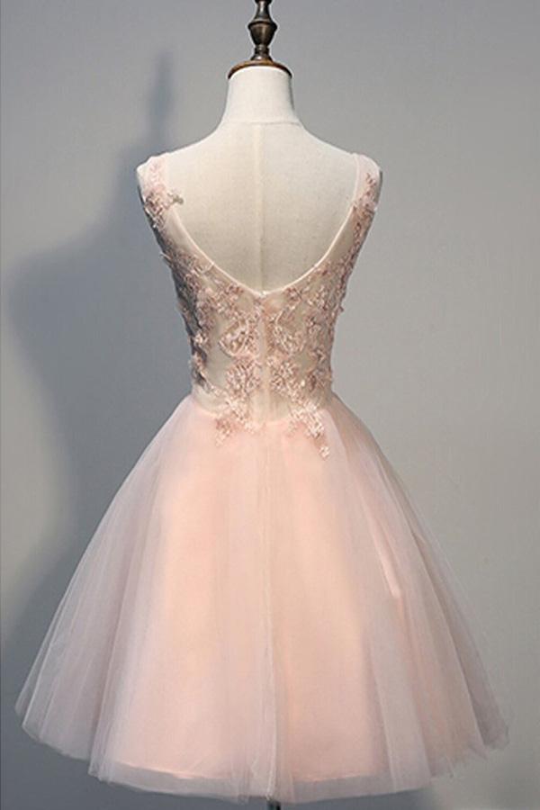 Blush Pink Backless V-neck Lace Beaded Homecoming Dresses, Short Prom Dress, MH140 at musebridals.com