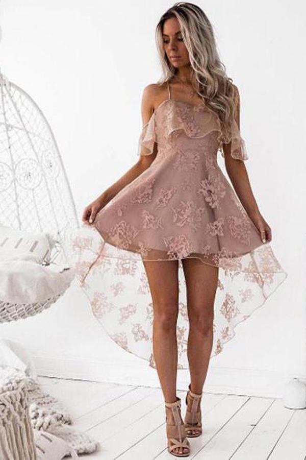 Fashion Blush A-Line Lace Off Shoulder High Low Homecoming Dress, MH211