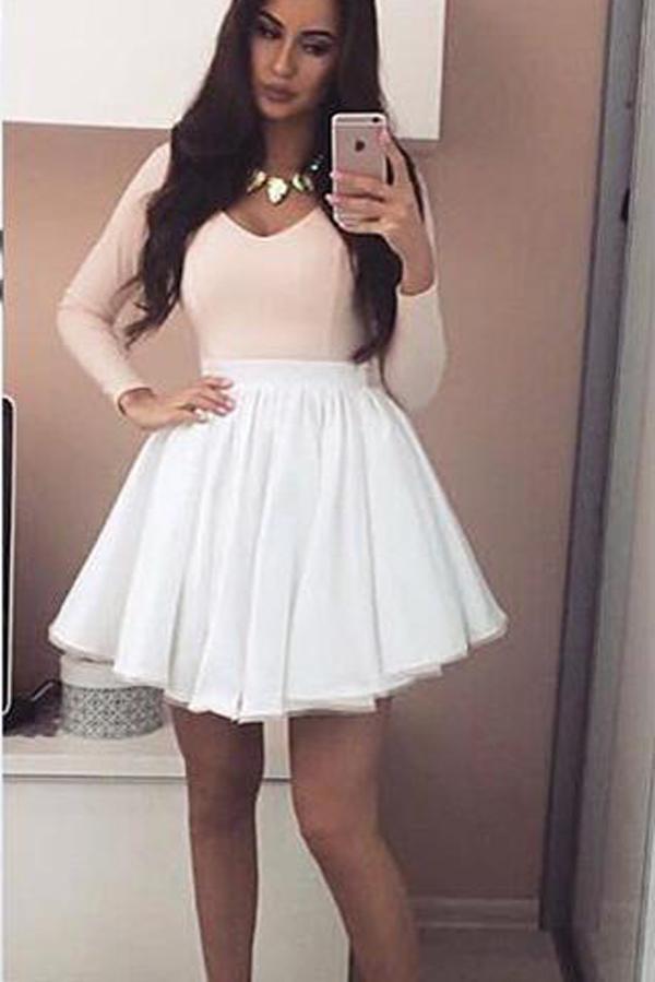 Pink White Skirt Long Sleeves Mini Grad V-neck Homecoming Dresses, MH288