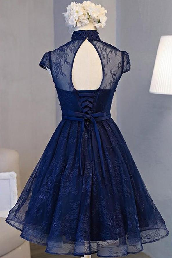 Navy Blue A-line High Neck Lace Short Sleeve Knee-length Homecoming Dresses, MH259|musebridals.com