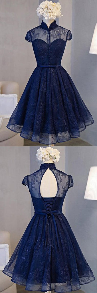 Navy Blue A-line High Neck Lace Short Sleeve Knee-length Homecoming Dresses, MH259 Musebridals Navy Blue A-line High Neck Lace Short Sleeve Knee-length Homecoming Dresses, MH259 Musebridals