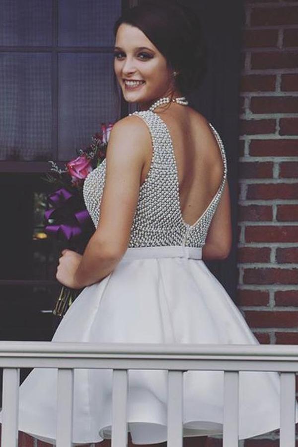 Fabulous V Neck Backless Beaded Short Prom Dress, Homecoming Dresses, MH206 at musebridals.com