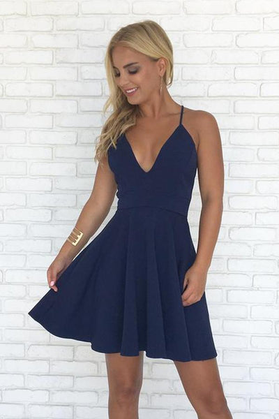 Navy Blue Spaghetti Straps V-neck Backless A-line Simple Homecoming Dresses, MH258 – Musebridals