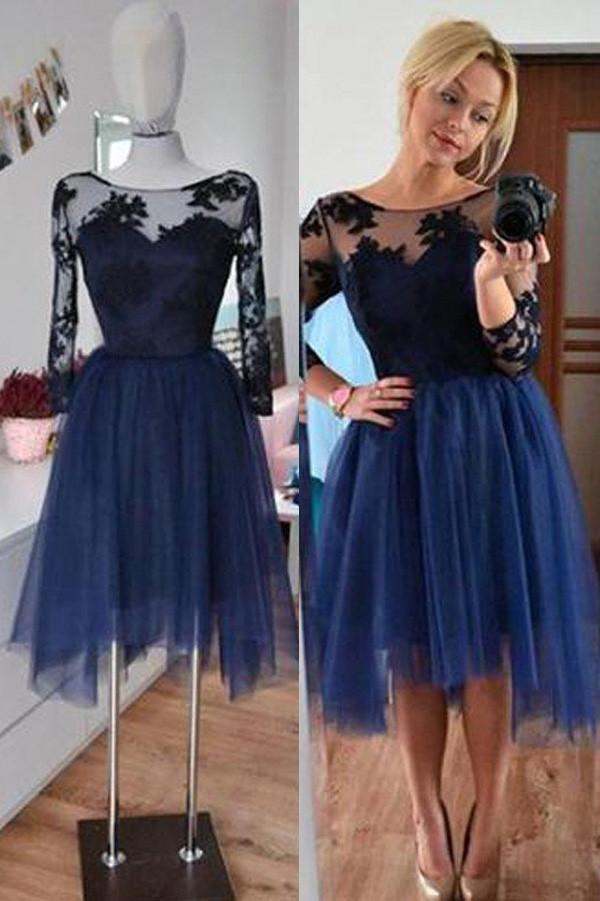 Navy Tulle 3/4 Sleeves Homecoming Dresses with Appliques, Short Prom Dresses, MH262