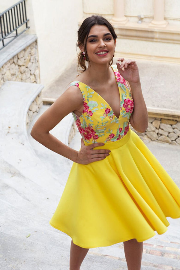 Charming Yellow Floral Satin Illusion Back Daffodil Homecoming Dresses,MH475|musebridals.com