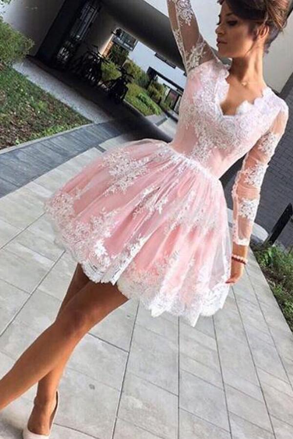 Cute Pink A-line Long Sleeves Short Prom Dress, Homecoming Dresses on Line, MH184