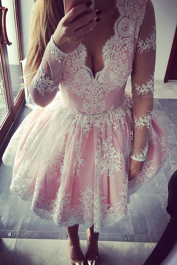 Pink Lace Short White Prom Dresses, Short White Pink Lace Formal