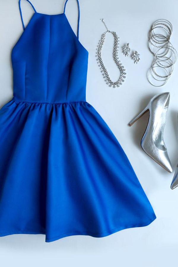 Blue Backless Short Prom Dress, Simple Spaghetti Straps Homecoming Dresses, MH213