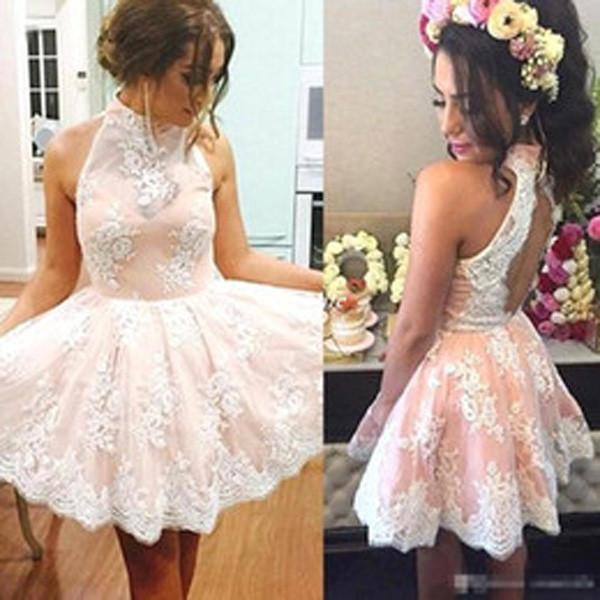 Charming High Neck White Lace Sleeveless Homecoming Dresses for Girls, MH395