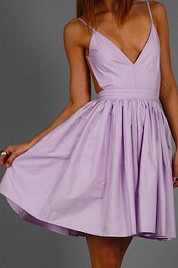 Simple Lilac Spaghetti Straps V neck Homecoming Dress, Short Prom Dress, MH250