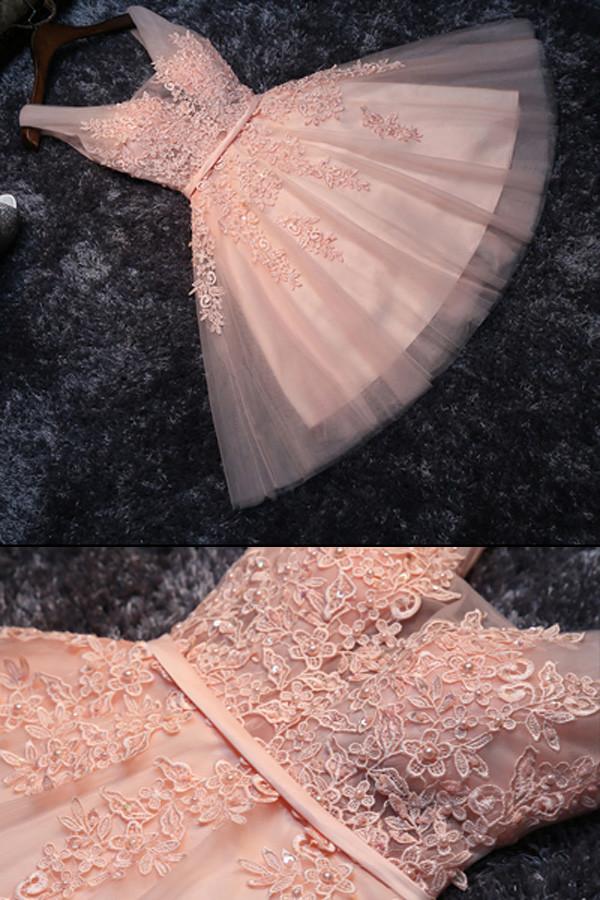 Blush Pink Short Bridesmaid Dress, Lace Appliqued Tulle Homecoming Dresses, MH141