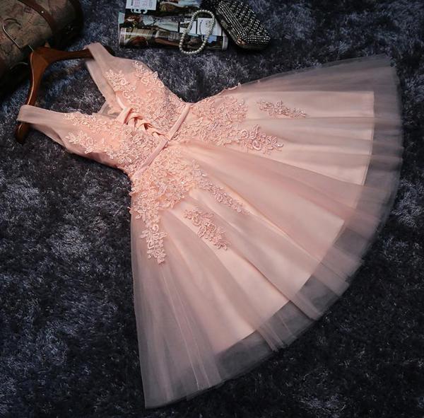 Blush Pink Short Bridesmaid Dress, Lace Appliqued Tulle Homecoming Dre Musebridals Blush Pink Short Bridesmaid Dress, Lace Appliqued Tulle Homecoming Dre Musebridals