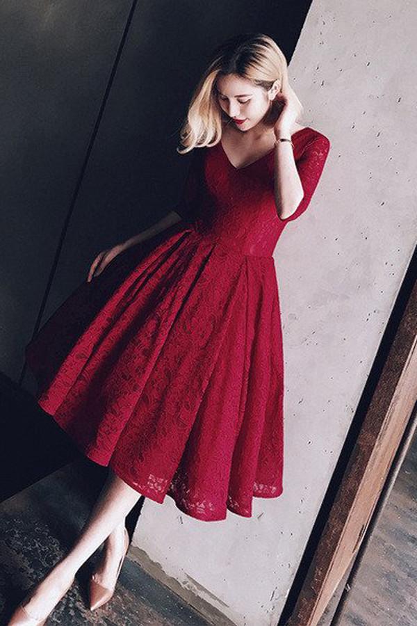 Burgundy Half Sleeves Lace V Neck Homecoming Dress Short Prom Dress MH221 Burgundy Half Sleeves Lace V Neck Homecoming Dress Short Prom Dress MH221