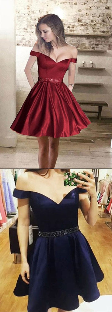 Satin Cheap Short Prom Dresses, A line Off Shoulder Homecoming Dress, MH05
