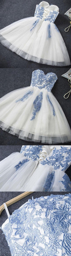 Blue Tulle A-line Strapless Short Prom Dress, Cheap Homecoming Dress, MH319