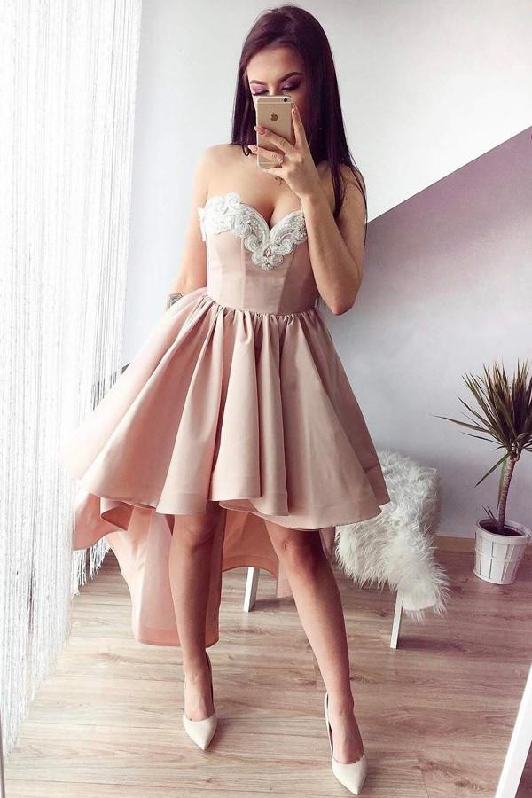 Pink Stretch A-Line Sweetheart High Low Satin Beaded Homecoming Dresses, MH285