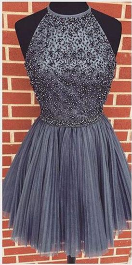 Gray Halter High Neck A-line Beaded Tulle Homecoming Dress, Short Prom Dress, MH102