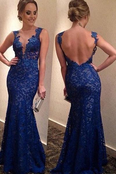Decent Royal Blue Lace Mermaid Long Prom Dress Evening Dress With Appliques, MP190