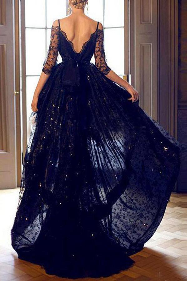 Black Lace Half Sleeves High low Prom Dresses Evening Dress With Straps ...