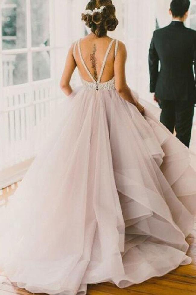 Organza Tulle High Neck Scoop Neck Sleeveless Prom Dress with Sweep Train, MP316|musebridals.com