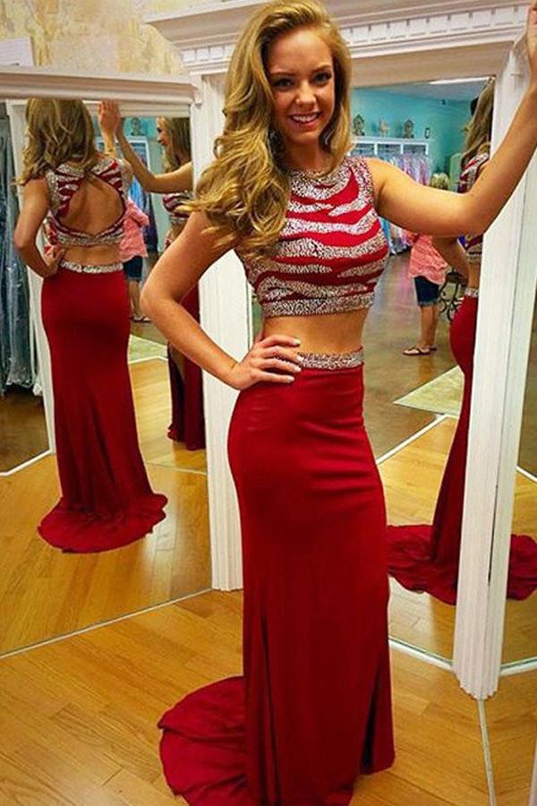 Fabulous Two Piece Red Open Back Mermaid Long Prom Dress, Evening Dresses, MP102