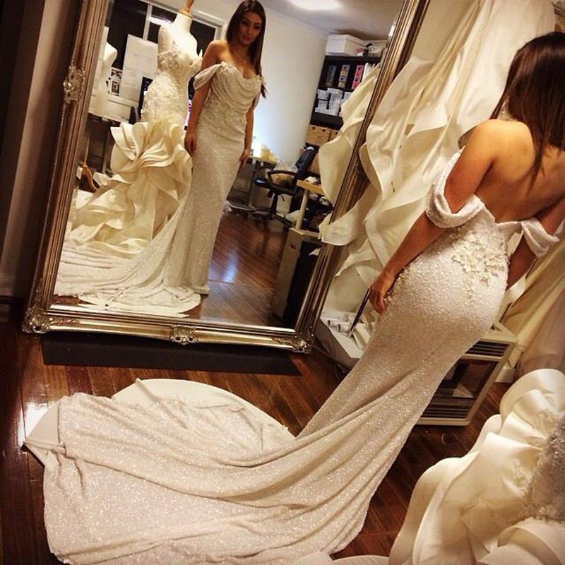 musebridals.com|Glittering White Satin Off Shoulder Court Train Mermaid Prom Dresses, MP410