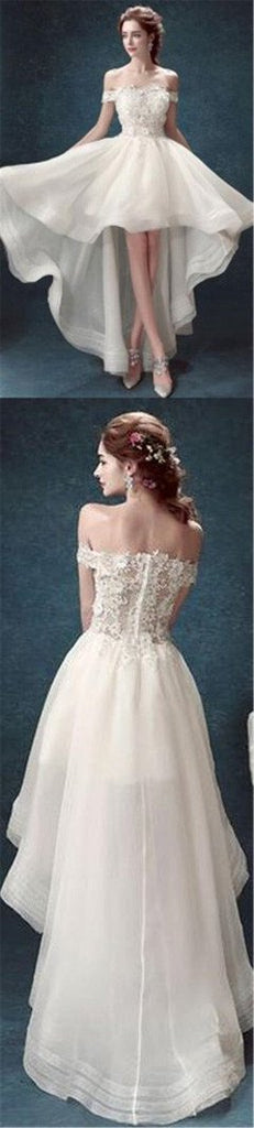White Organza High Low Off Shoulder Cheap Wedding Dresses, MW162