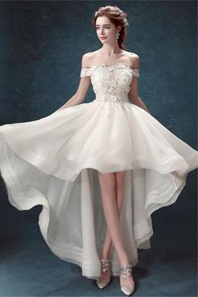 White Organza High Low Off Shoulder Cheap Wedding Dresses, MW162